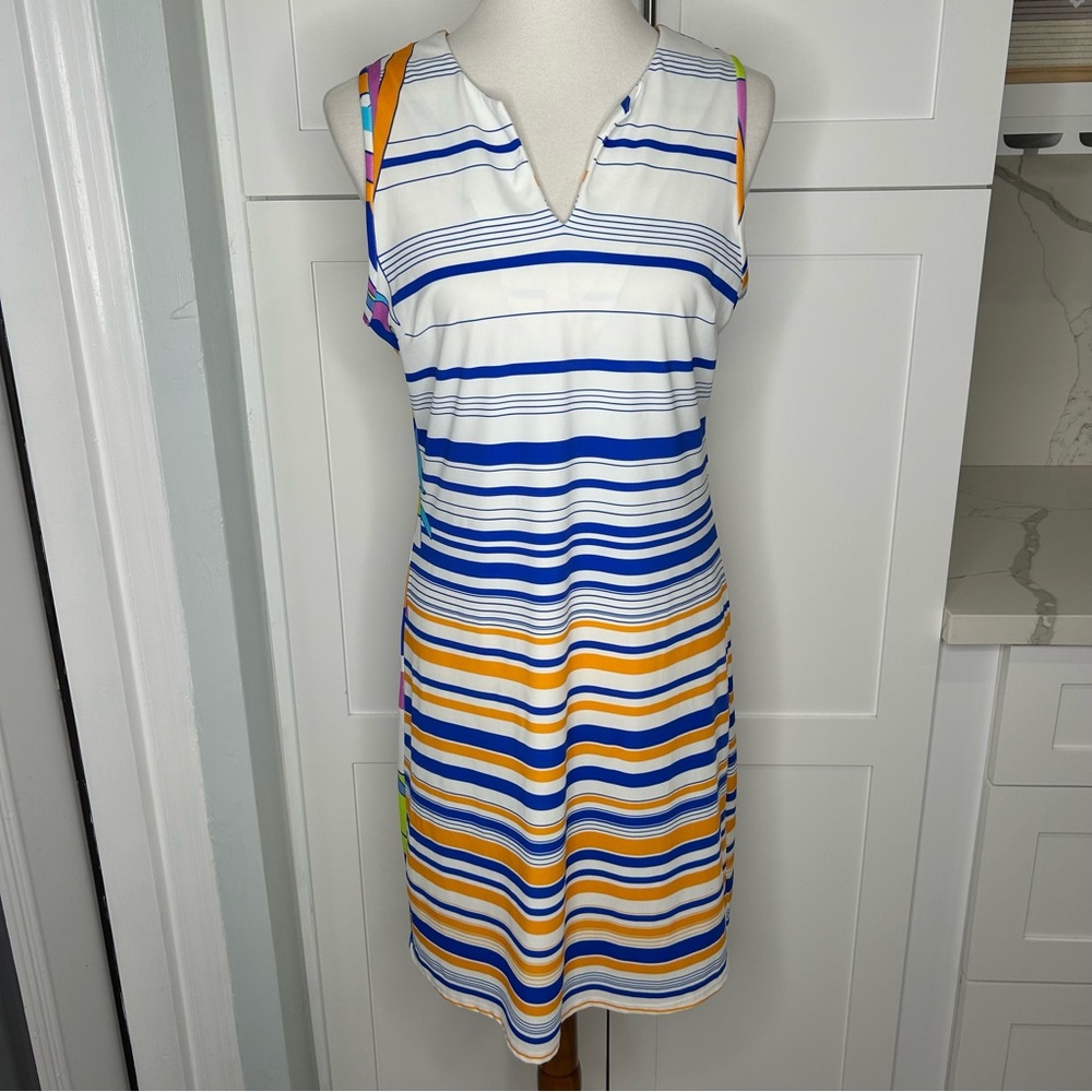 Jude Connally Summer Sheath Dress Size M Colorful Fun V-neck Contrasting Print